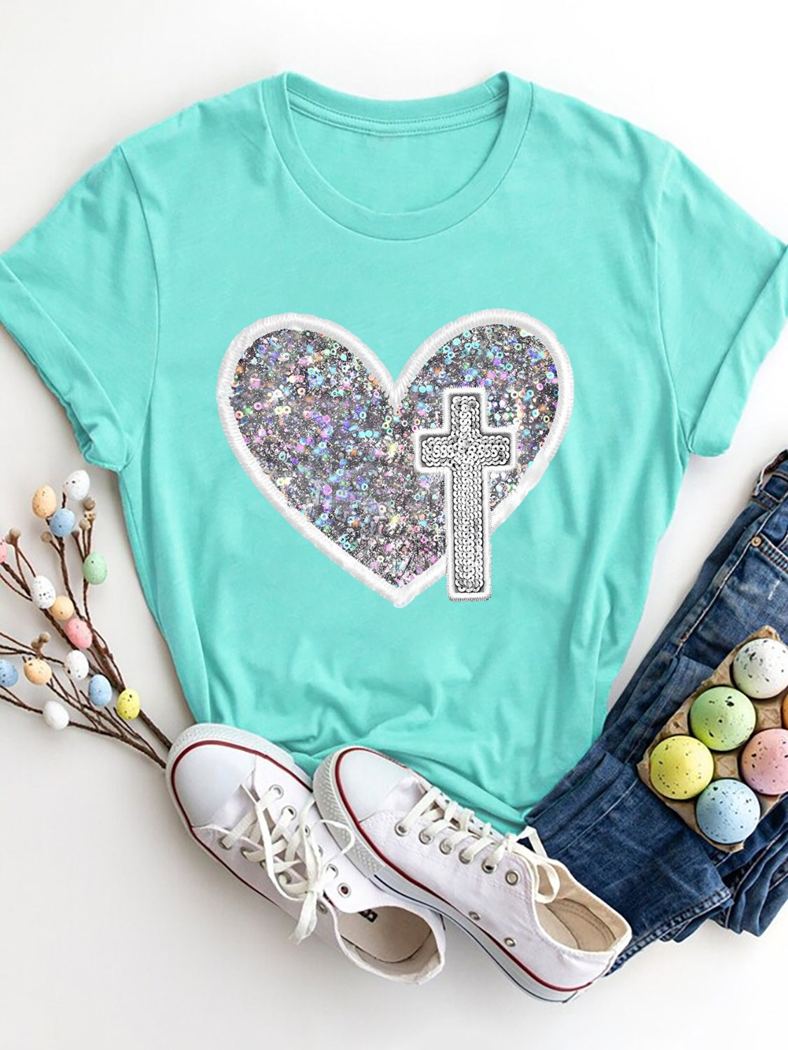 Sequin Heart Round Neck Short Sleeve T-Shirt - T - 7 COLORS -