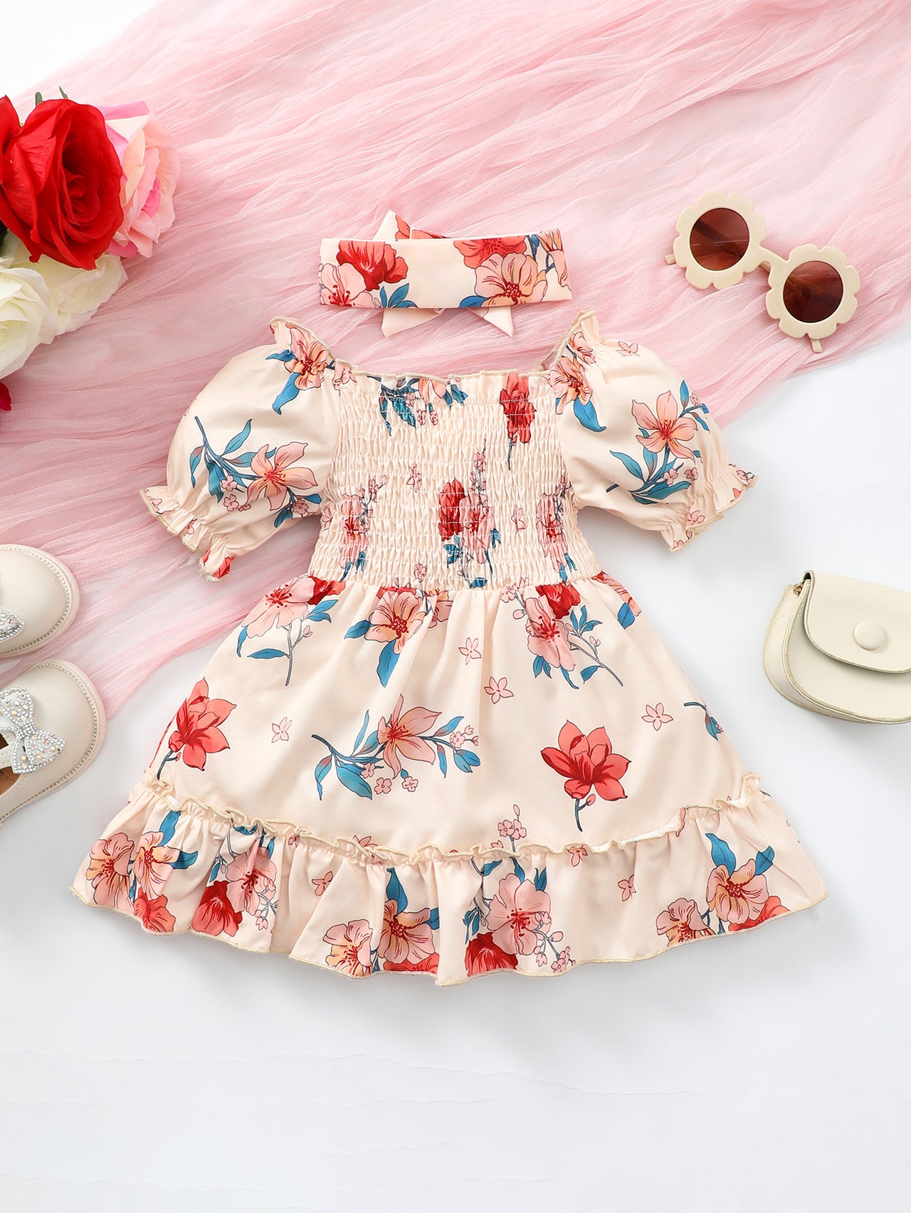 Baby Girl Floral Smocked Frill Trim Dress with Headband - T - 5 SIZES - 1 COLOR -