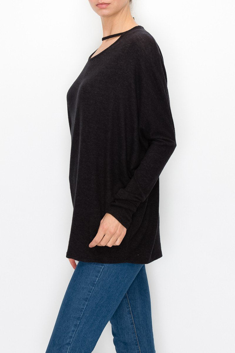 Stylespect - Cutout Front Long Sleeve Top - Black - 1 COLOR -