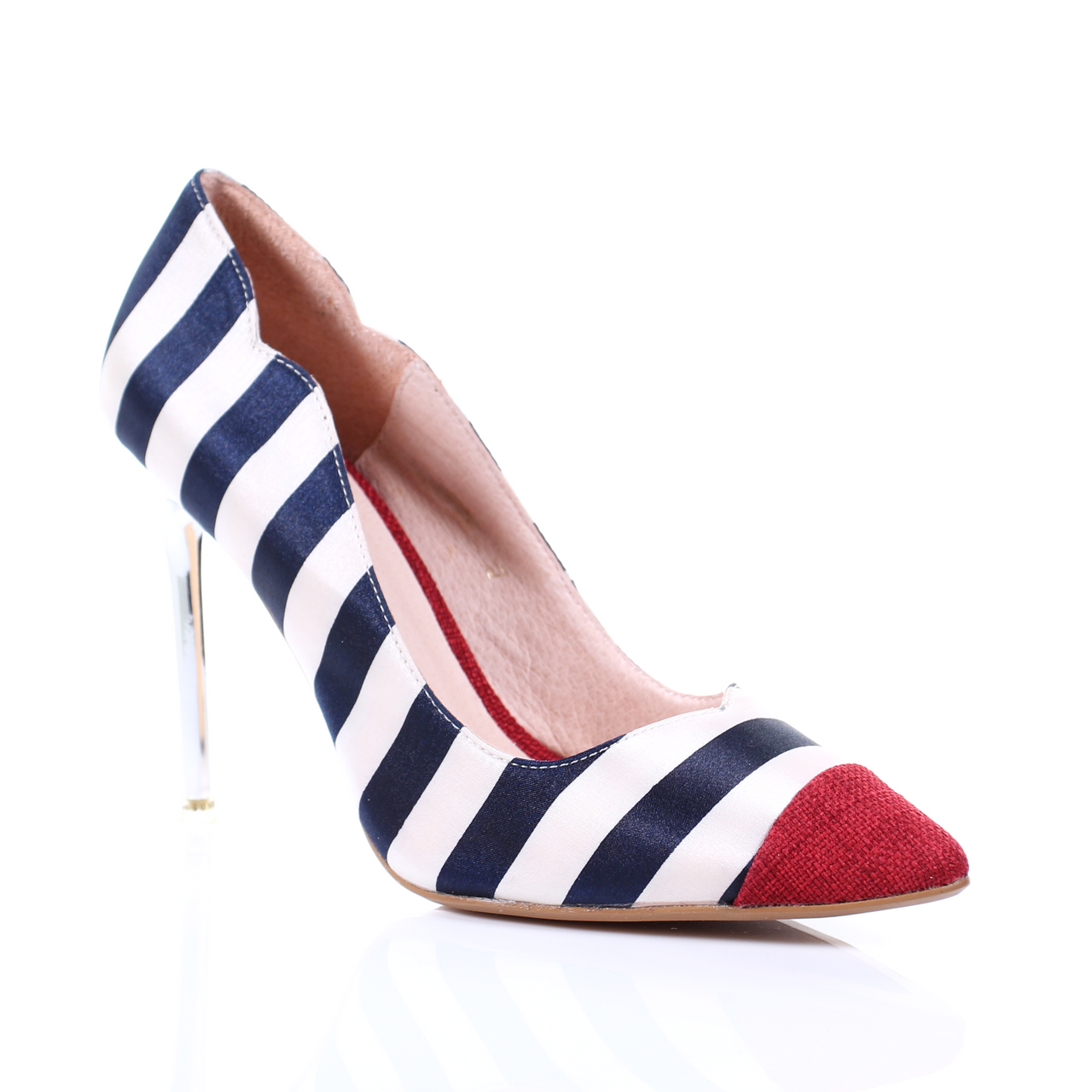 Chrome Heel Two Tone Pointed Toe Pumps (Red)