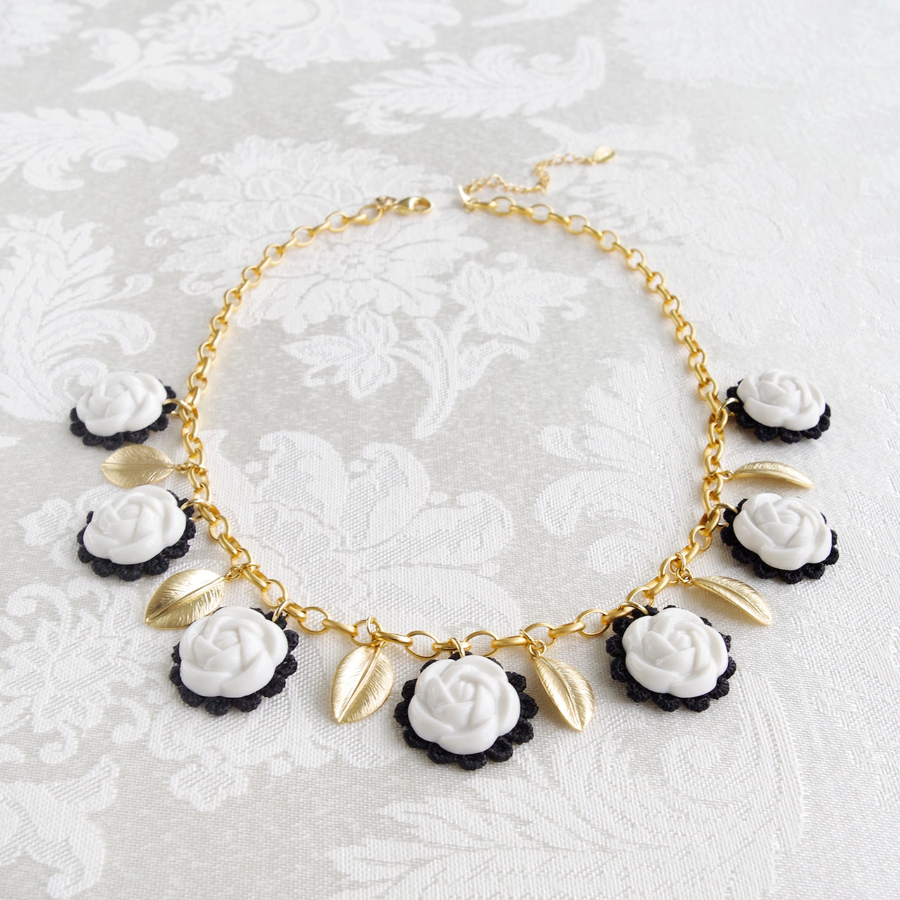 Porcelain Camellias and Golden Leaves Necklace -