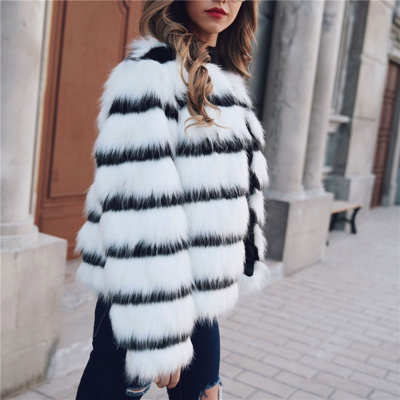 Sharon Tatem - Black and White Striped Faux Fur Coat Fur Coat - Elegant Fur Coat - Long Sleeve Collarless Casual -