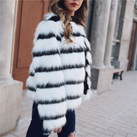 Thumbnail for Sharon Tatem - Black and White Striped Faux Fur Coat Fur Coat - Elegant Fur Coat - Long Sleeve Collarless Casual -