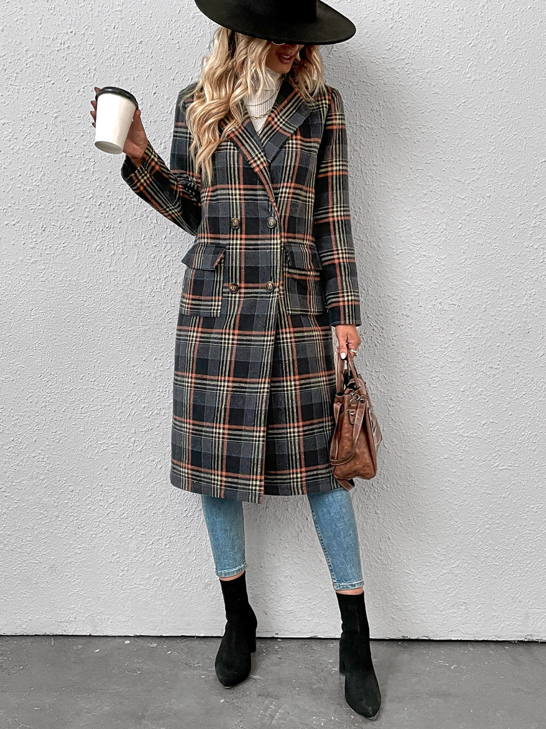 Plaid Lapel Collar Trench Coat Jacket - K - 1 COLOR -