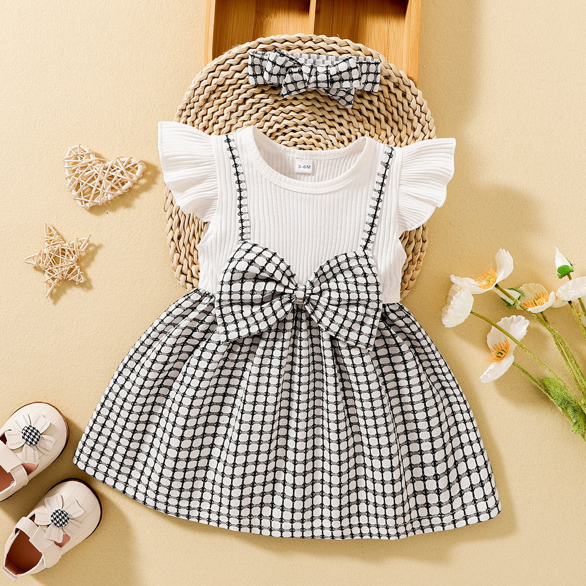 Plaid Bow Detail Round Neck Dress with Headband - T- 6 SIZES - 2 COLORS -