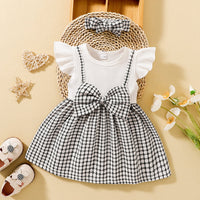 Thumbnail for Plaid Bow Detail Round Neck Dress with Headband - T- 6 SIZES - 2 COLORS -