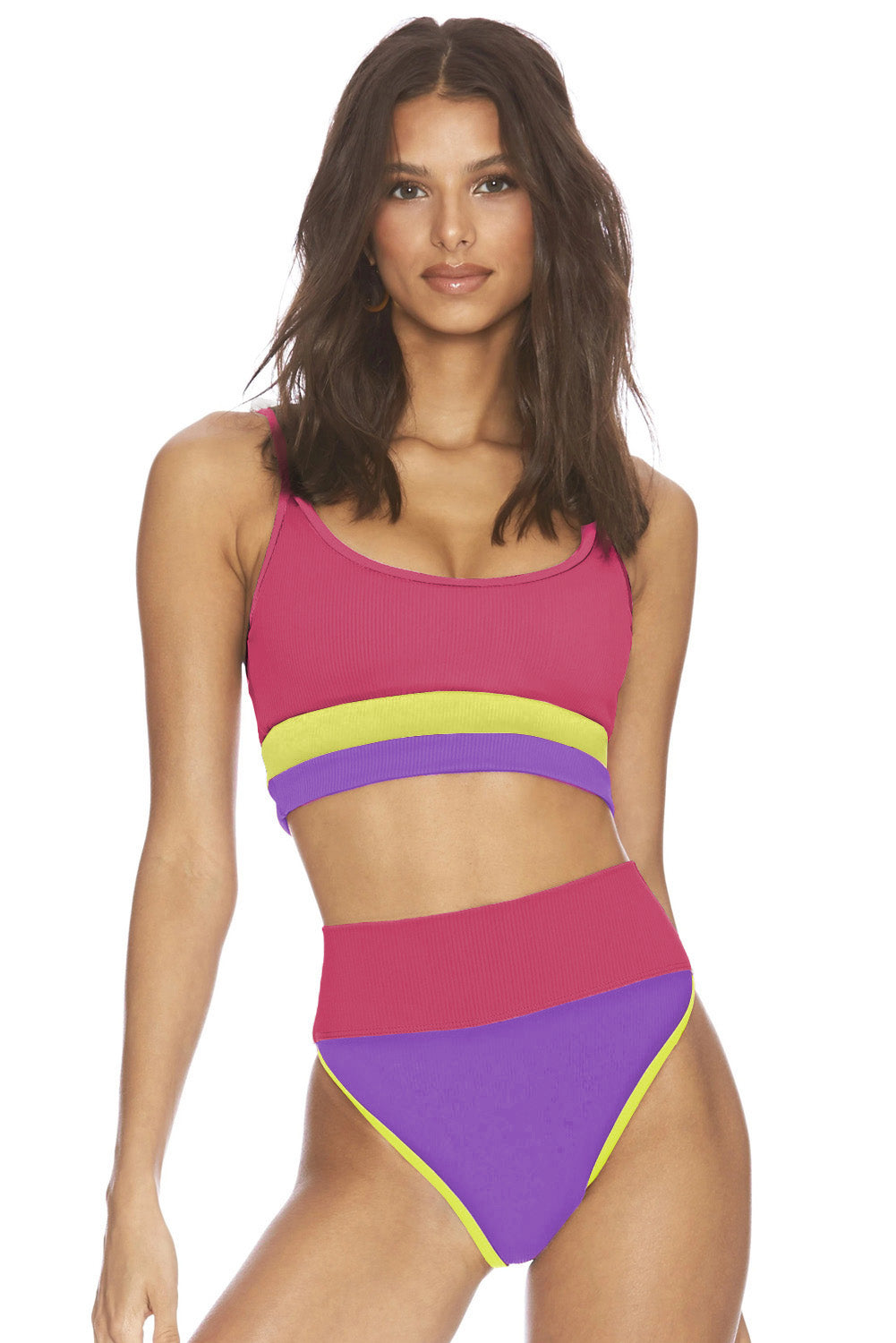 Color Block Spaghetti Strap Two-Piece Swim Set - T - 6 STRIPES / COLORS -