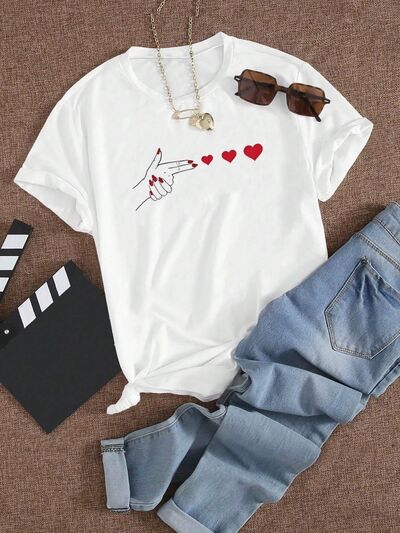 Full Size Heart Round Neck Short Sleeve T-Shirt - T - 1 COLOR -