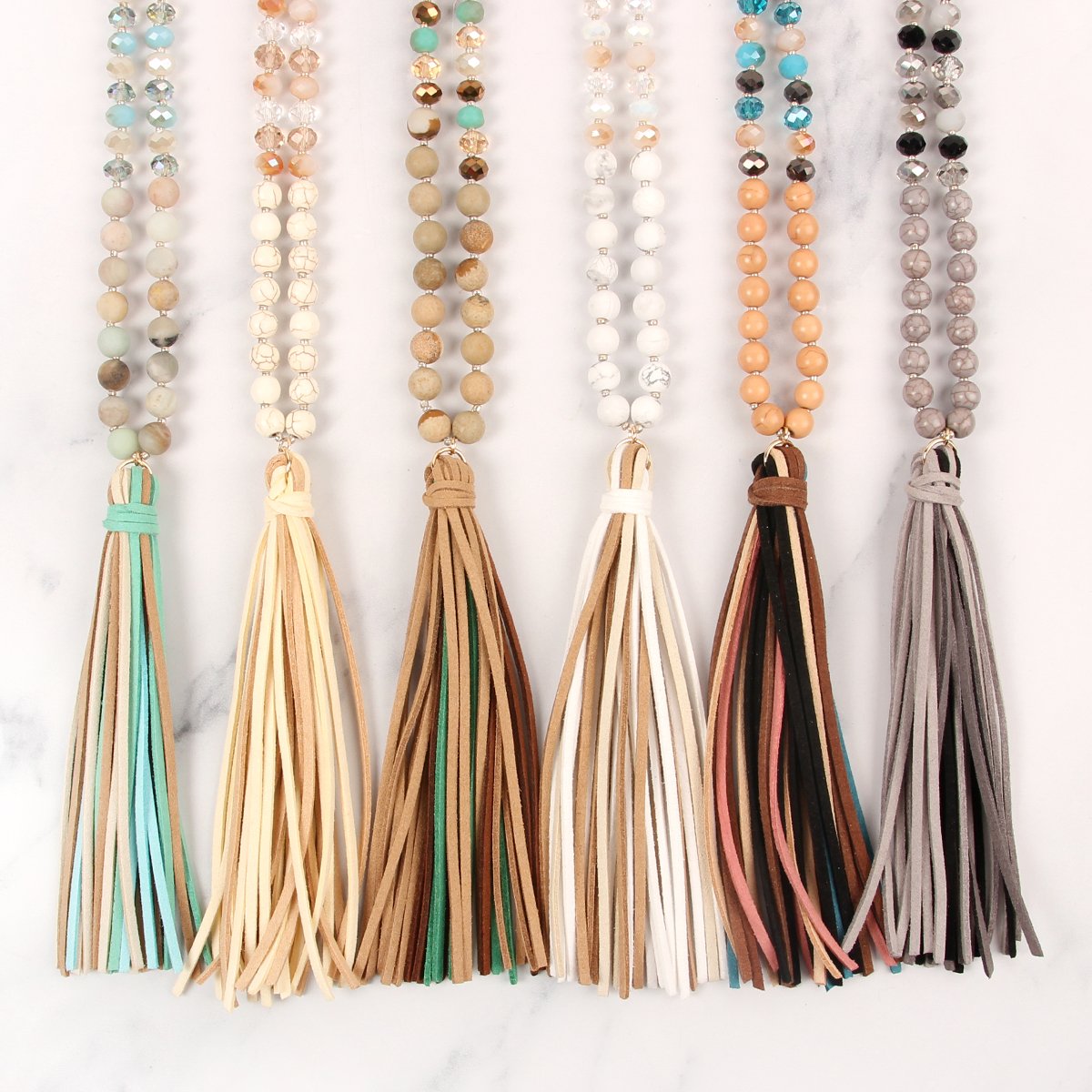 Riah Fashion - Colorful Natural Stone Glass Beads Leather Tassel Necklace - 7 COLORS -