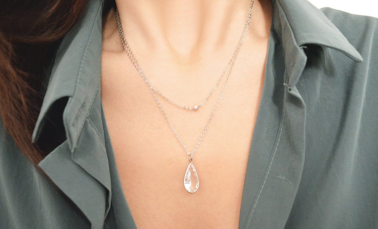 White Gold Layered Crystal Drop Necklace -