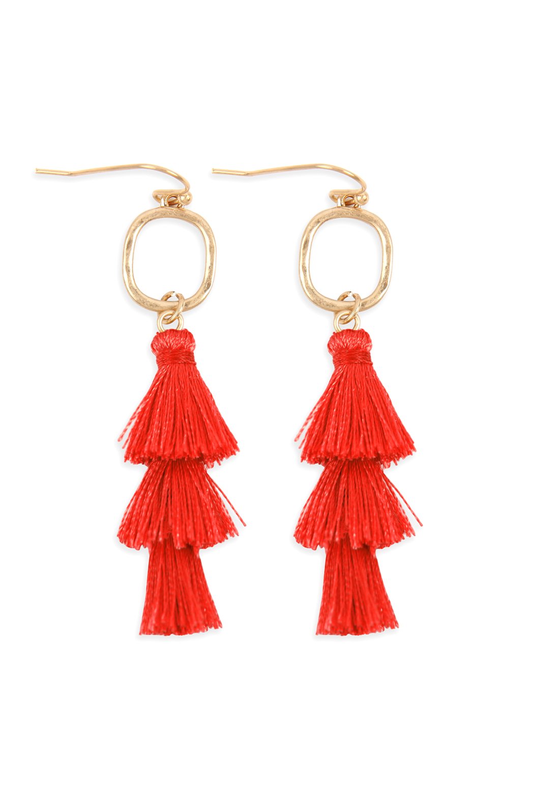 Three Drop Tassel With Metal Hook Earrings - 11 COLORS -