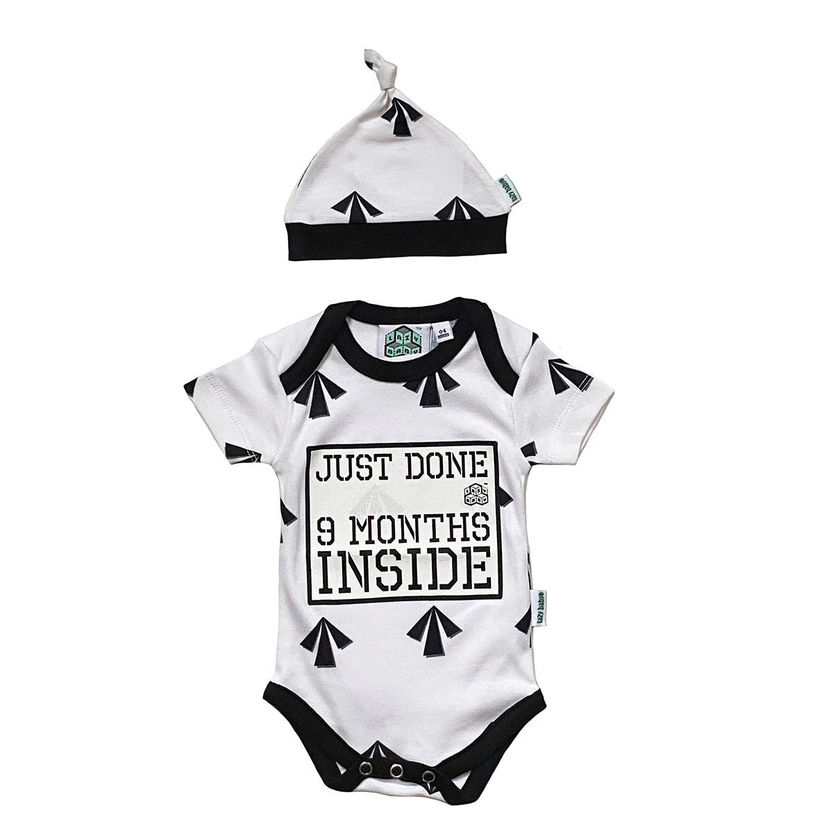 Baby Shower Gift -Just Done 9 Months Inside® Arrow Romper & Hat Gift Bundle -