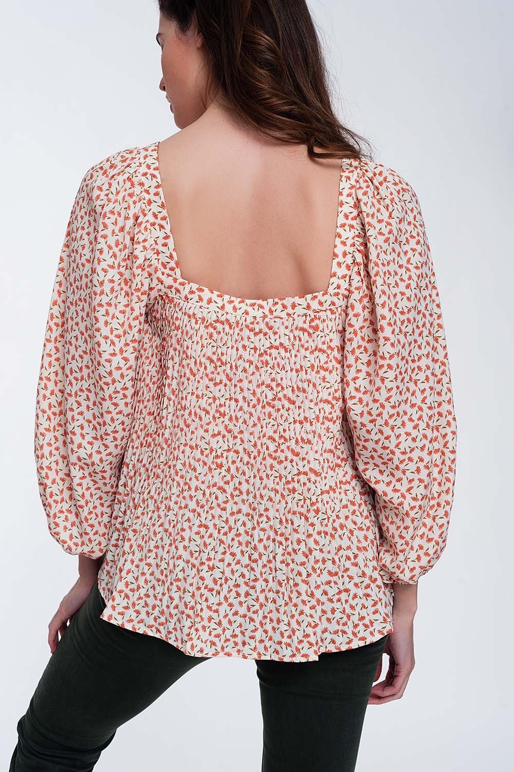 Q2 - Puff Sleeve Top With Square Neck in Coral Floral Print - 1 COLOR -