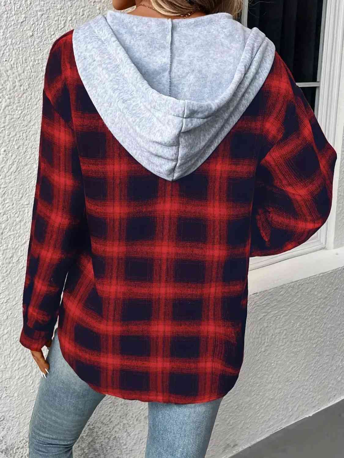 Plaid Drawstring Button Up Hooded Shirt - T - 5 COLORS -