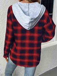 Thumbnail for Plaid Drawstring Button Up Hooded Shirt - T - 5 COLORS -