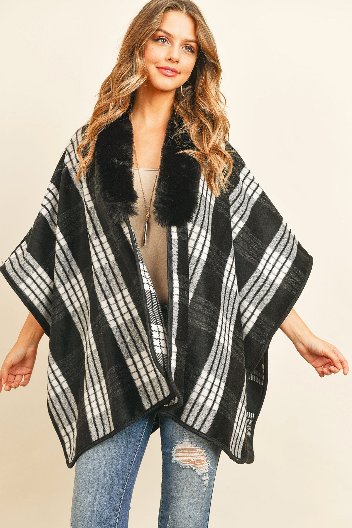 Riah Fashion - Plaid Fur Open Front Kimono -