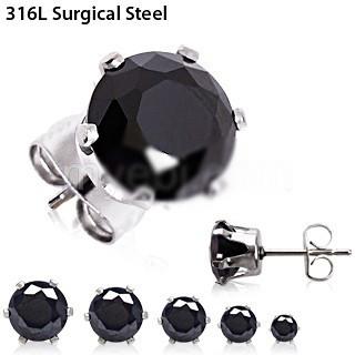 Pair of 316L Surgical Steel Black Round CZ Stud Earrings - 5 SIZES