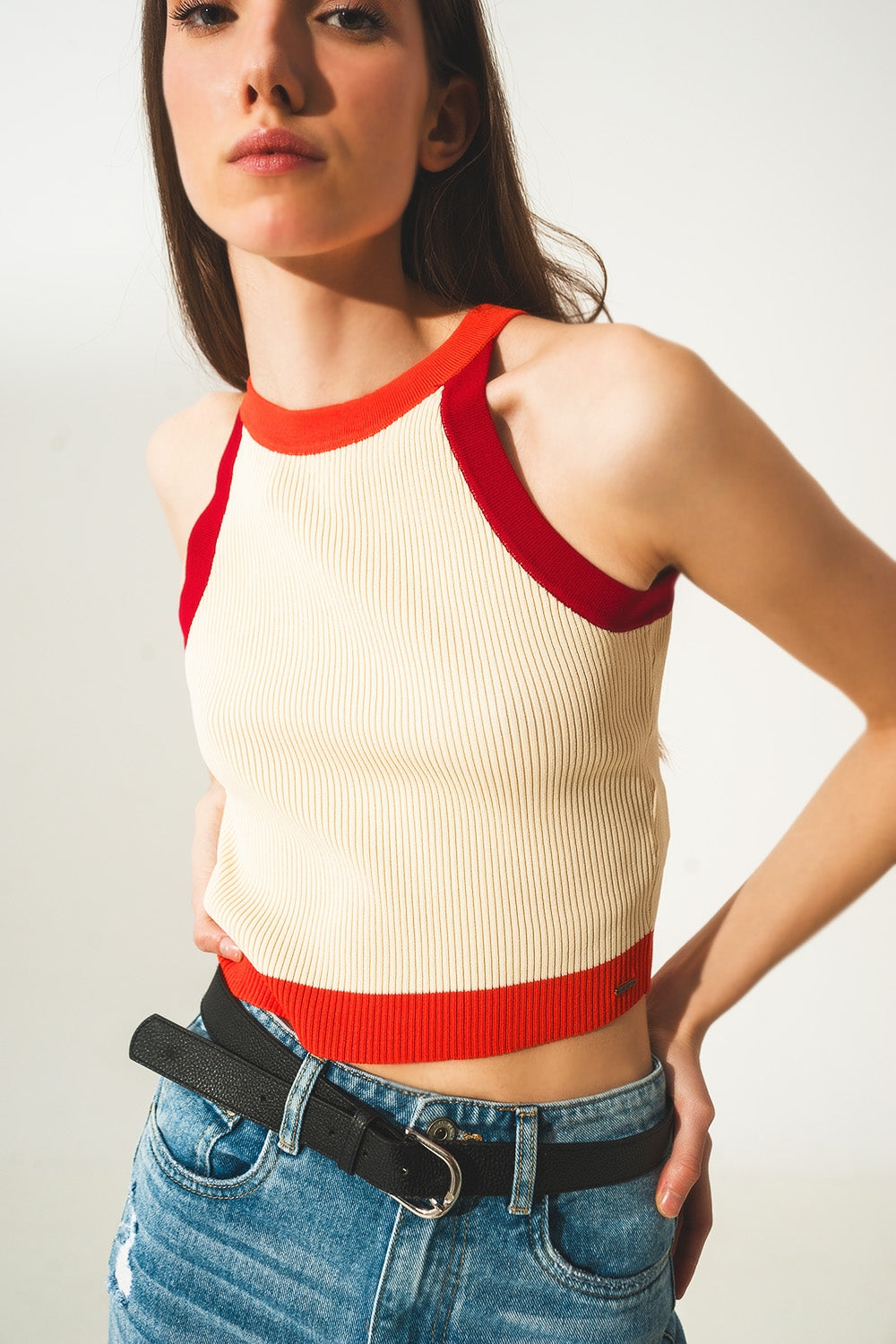 Q2 - Ribbed Cropped Vest Top in Red - 1 COLOR -