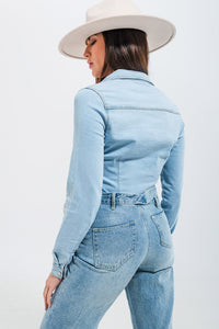 Thumbnail for Q2 - Skinny Fit Western Denim Shirt in Light Wash Blue - 1 COLOR -