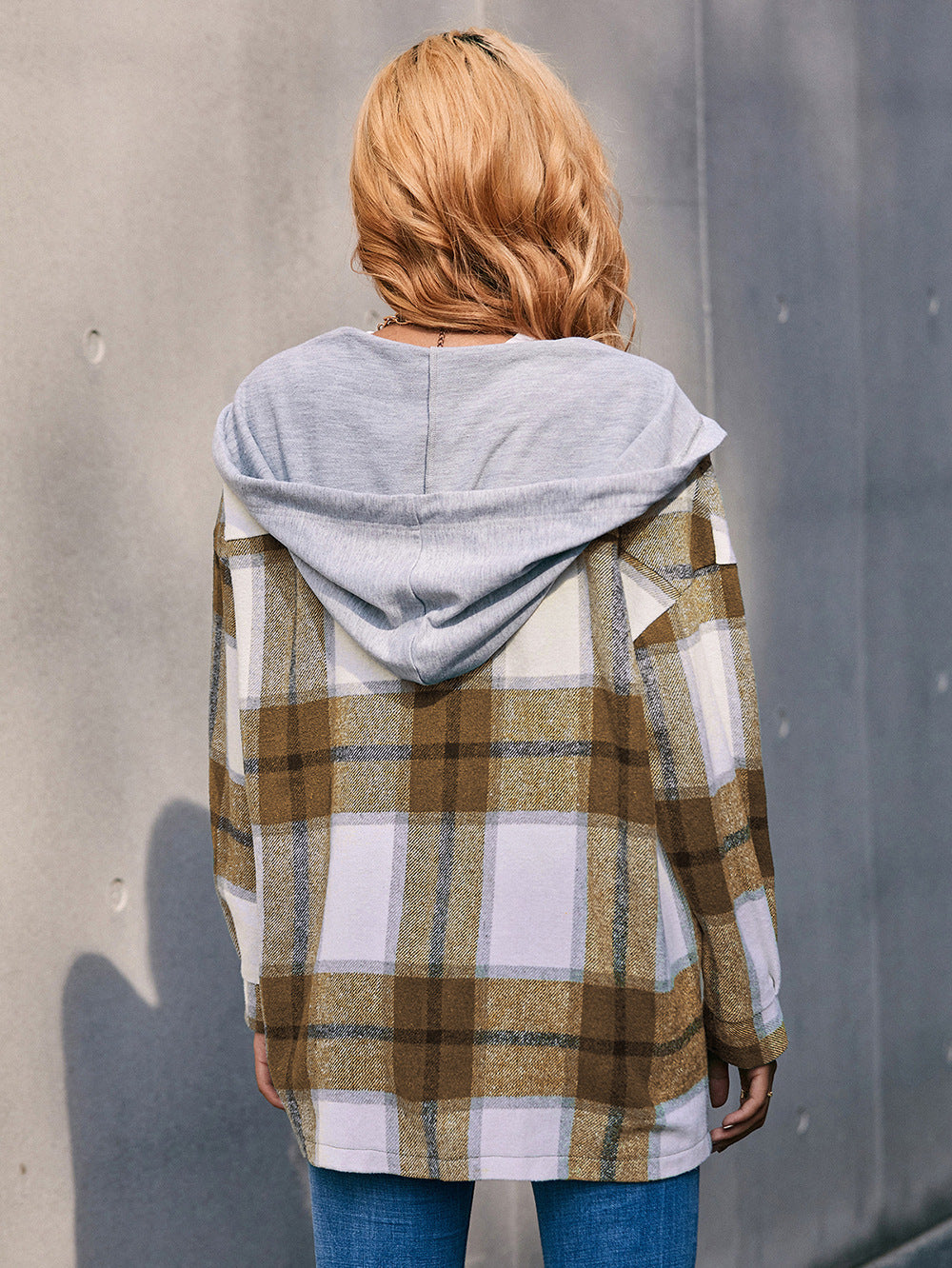 Plaid Dropped Shoulder Hooded Jacket - T - 4 COLORS -