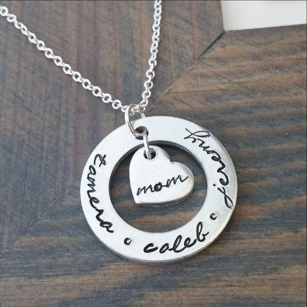 Personalized Necklace for Mom Cutout Disc With Heart Charm -