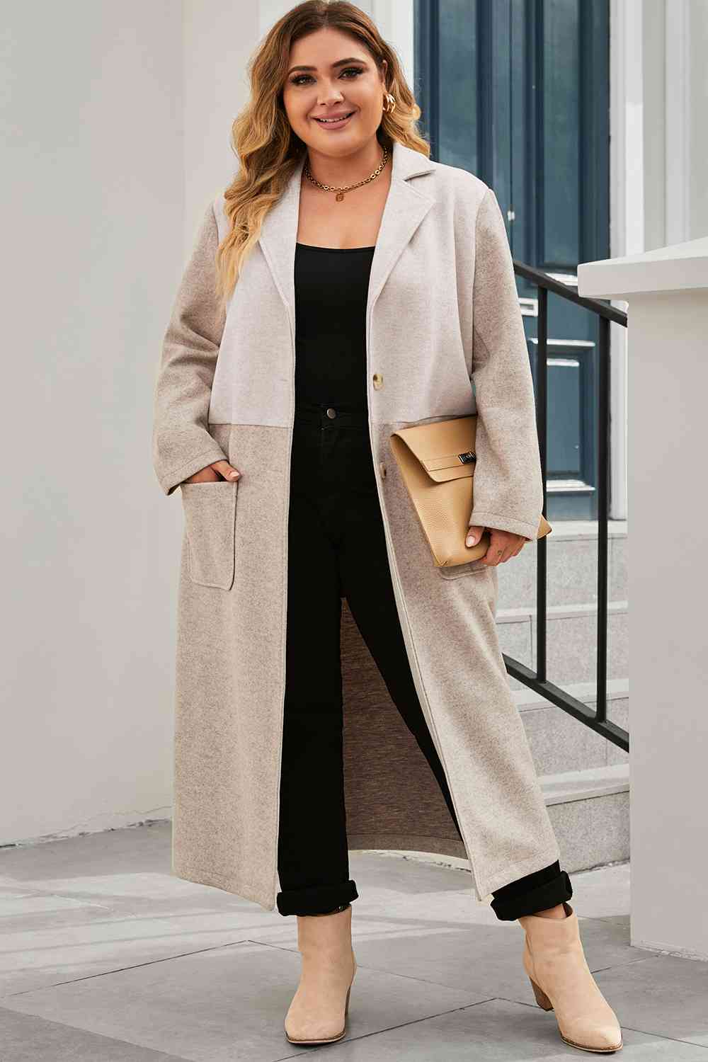 Plus Size Collared Neck Buttoned Longline Coat - 1XL THRU 3XL - T - 1 COLOR -