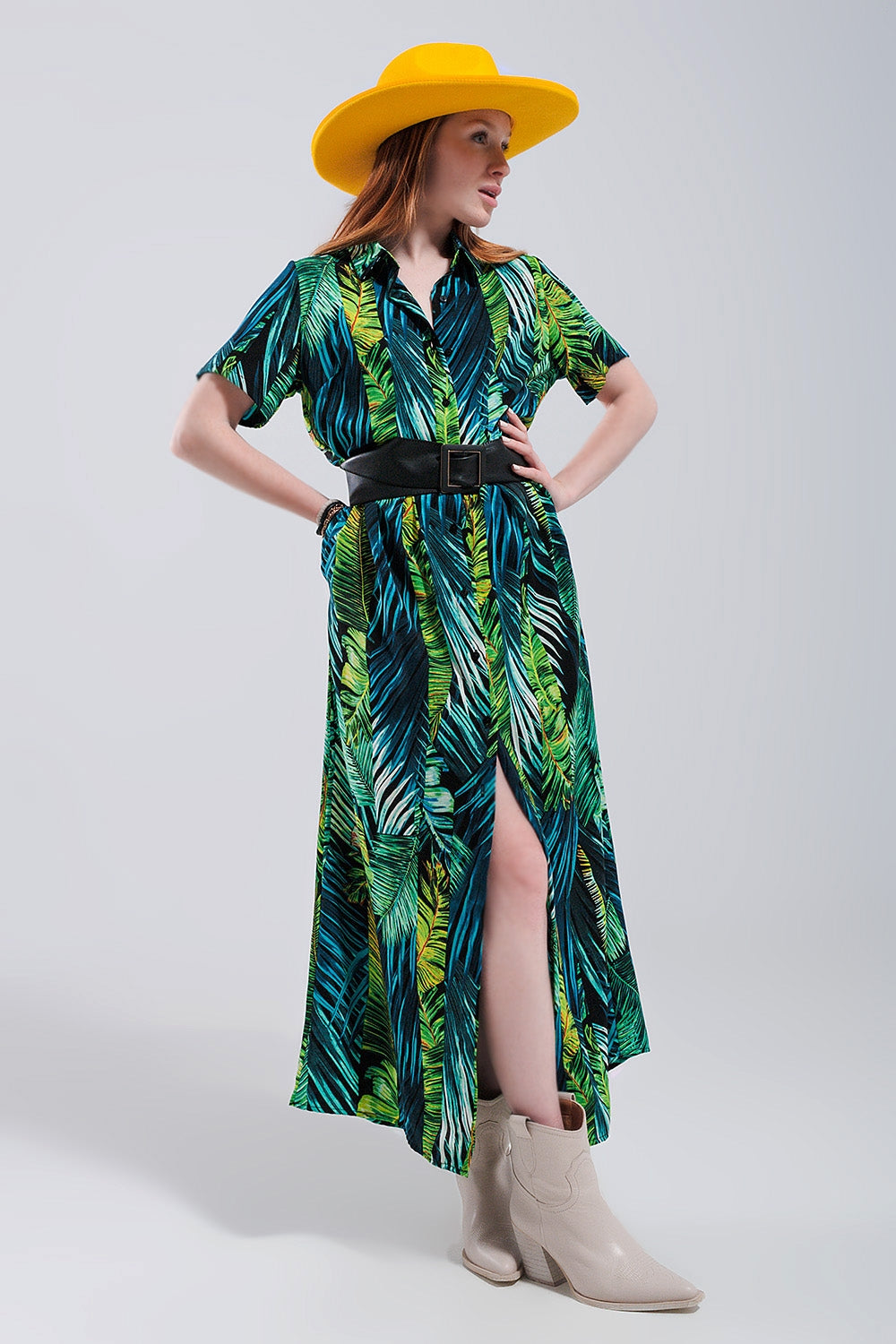 Q2 - Maxi Shirt Dress in Tropical Print - Belt not included - Beach or Everyday - 1 COLOR -