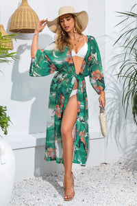 Thumbnail for Floral Tie Waist Duster Cover Up - T - 1 COLOR -