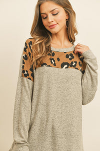 Thumbnail for Riah Fashion - Long Sleeve Leopard Contrast Hacci Brushed Top - 3 COLORS -