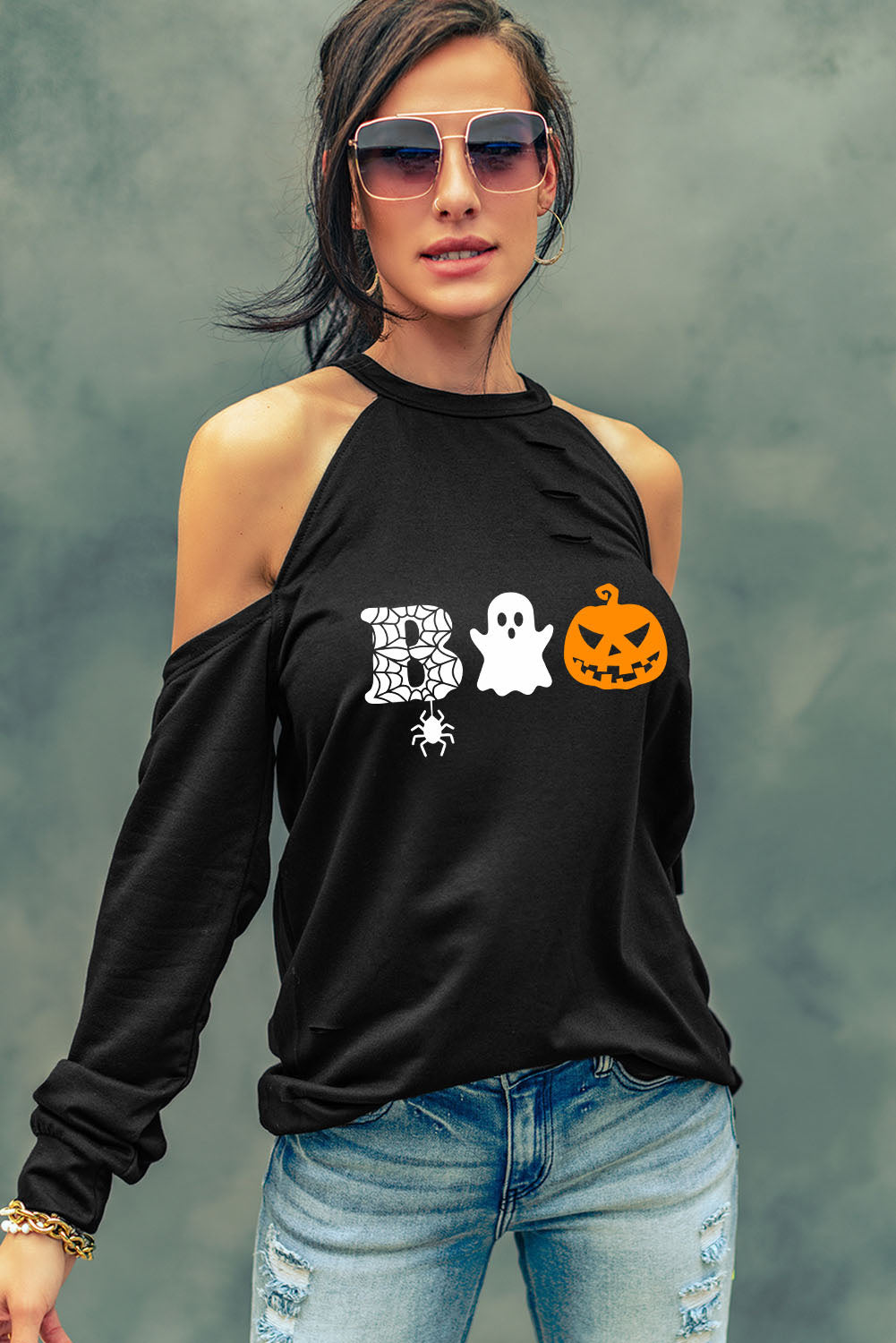 Cold Shoulder Boo Graphic Distressed Blouse - T - 1 COLOR -