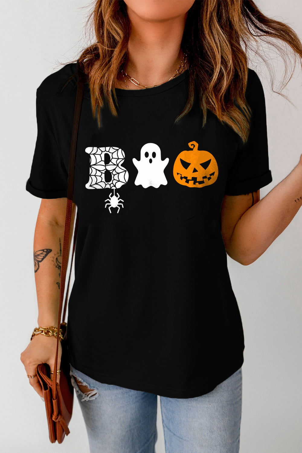 Round Neck Short Sleeve BOO Graphic T-Shirt - T - 1 COLOR -