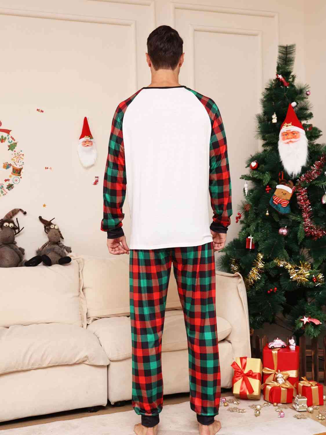 MEN Full Size Reindeer Graphic Top and Plaid Pants Set - T -