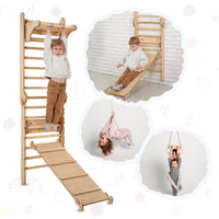 Thumbnail for 4in1 Climbing Set: Wooden Swedish Wall + Swing Set + Slide Board + Triangle Ladder