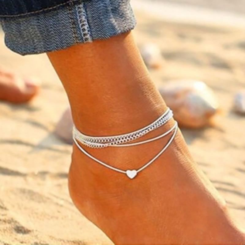 Bohemian Silver Heart Multi Chain Anklet Ankle Bracelet -