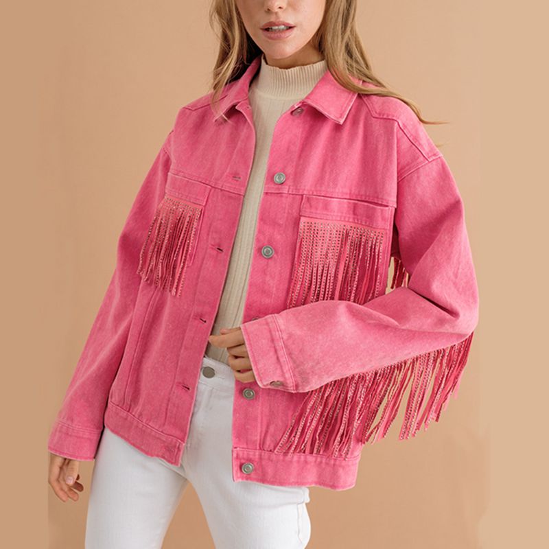 Fringe Detail Dropped Shoulder Denim Jacket - T - 3 COLORS -