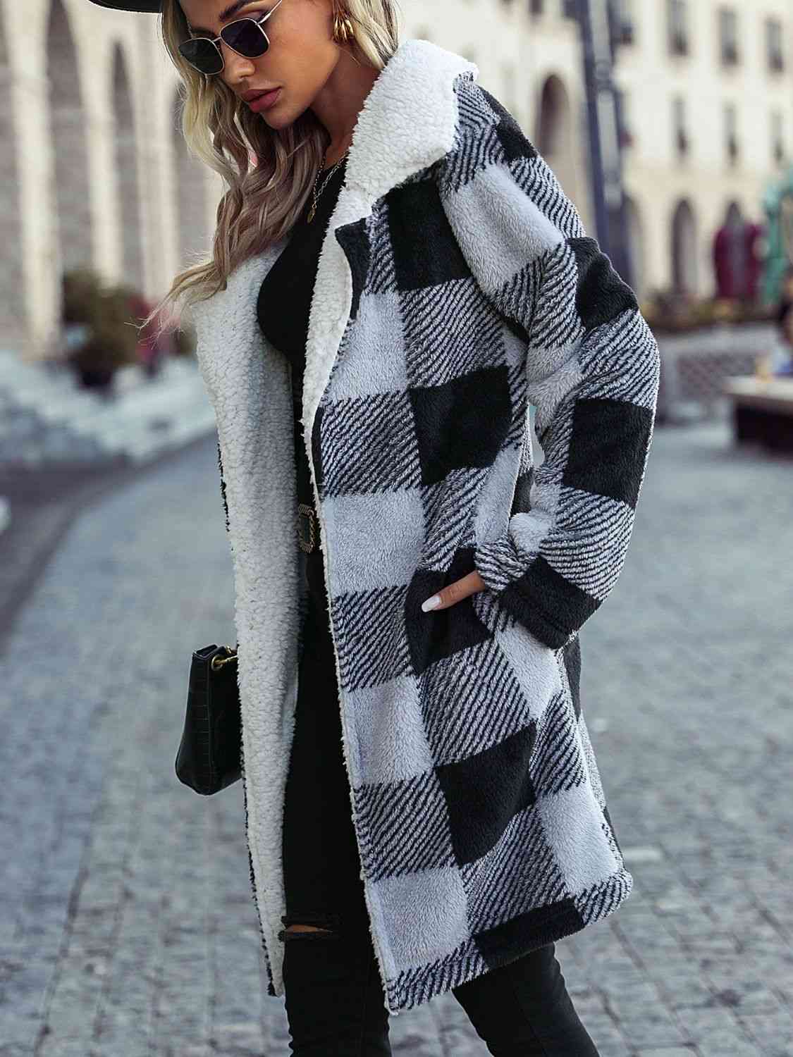 Plaid Open Front Coat with Pockets - T - 1 COLOR -