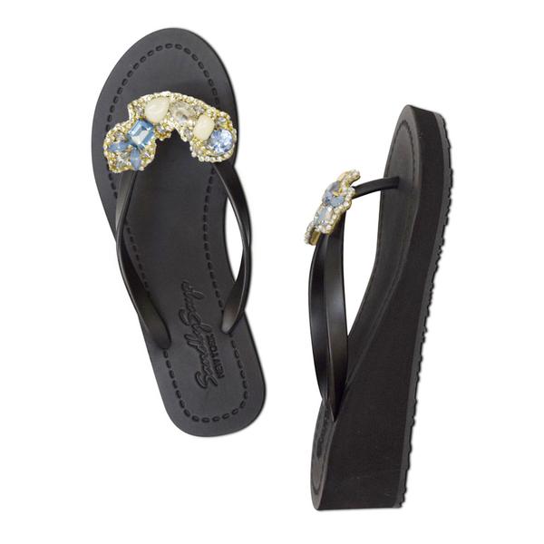 SAND BY SAYA N.Y. - Blue York- Rhinestone Mid Wedge Flip Flops - 2 COLORS -