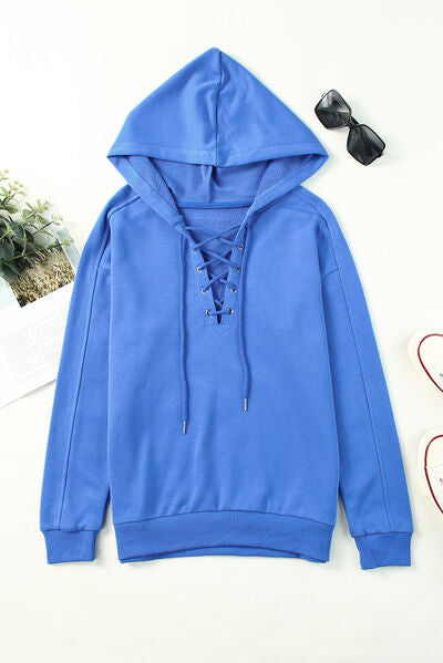 Lace-Up Dropped Shoulder Hoodie - T - 8 COLORS -