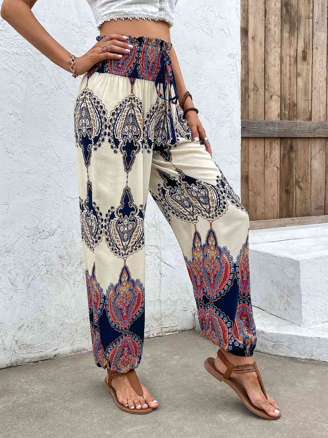 Printed Smocked High Waist Pants - Beach or Everyday - T - 1 COLOR -