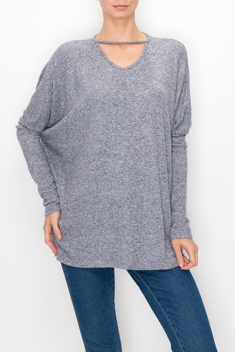 Stylespect - Cutout Front Long Sleeve Top - Grey - 1 COLOR -