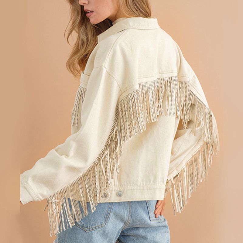 Fringe Detail Dropped Shoulder Denim Jacket - T - 3 COLORS -