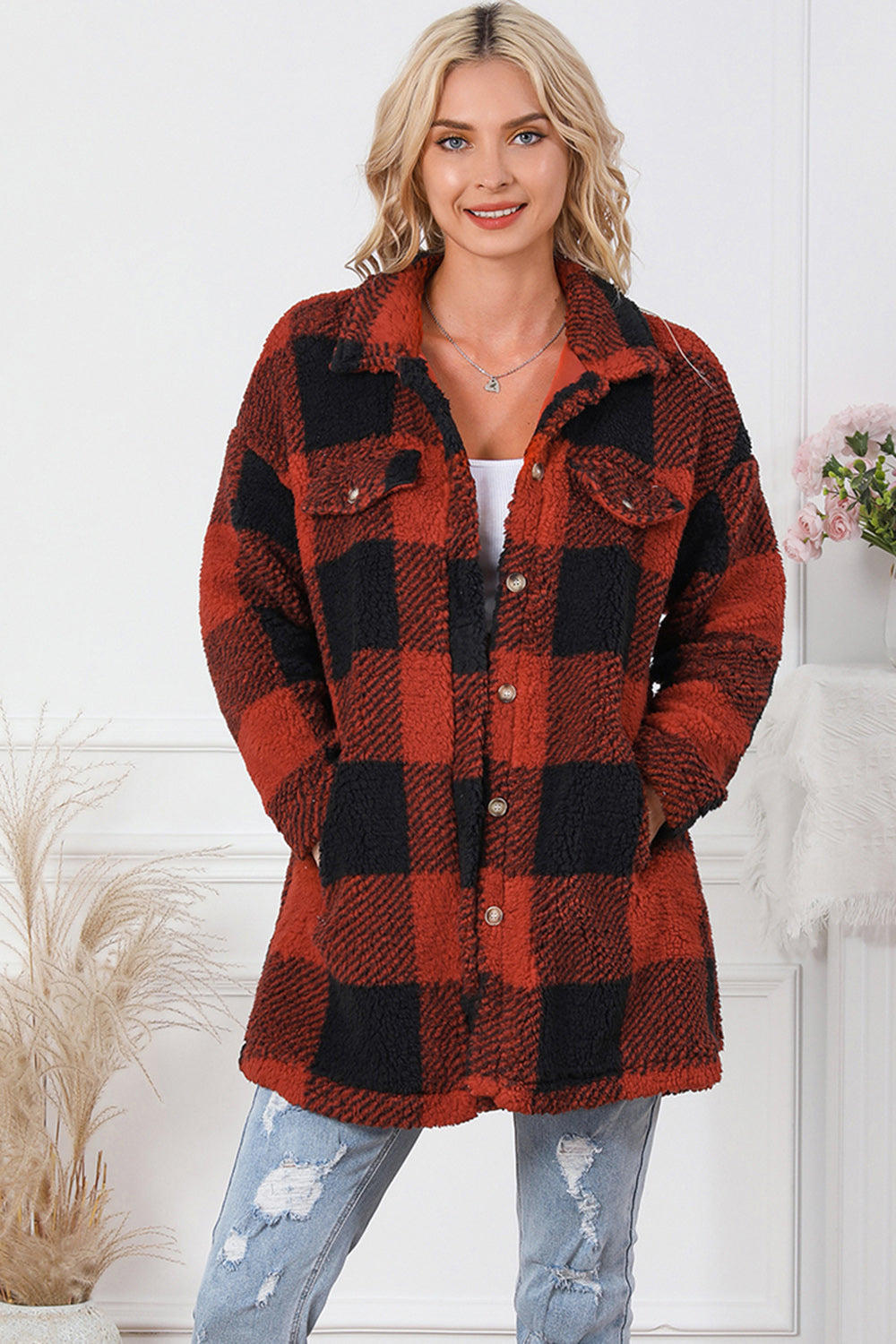 Plaid Button Down Coat with Pockets - T - 2 COLORS -