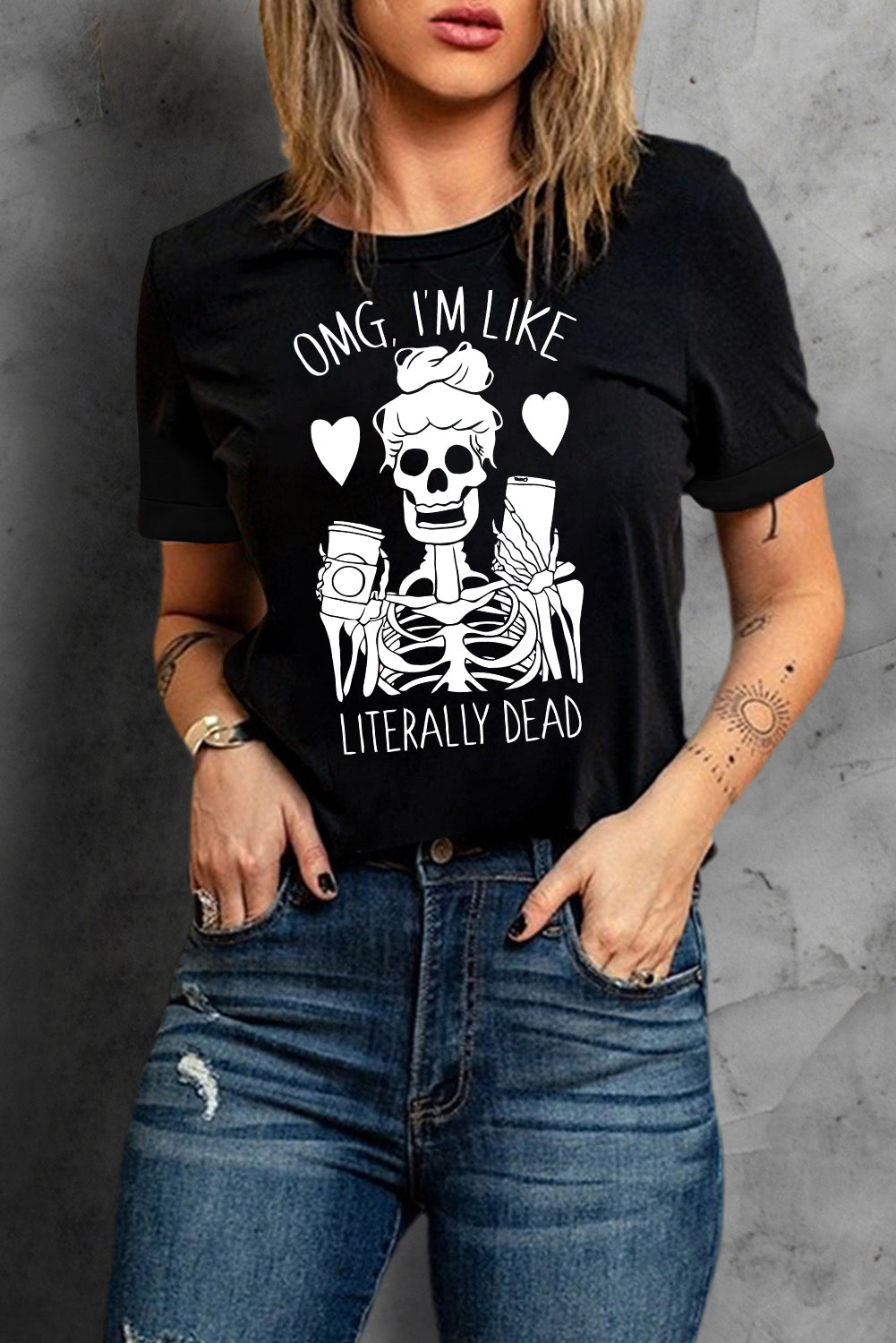 Halloween Skeleton Graphic Round Neck Tee - T - 1 COLOR -