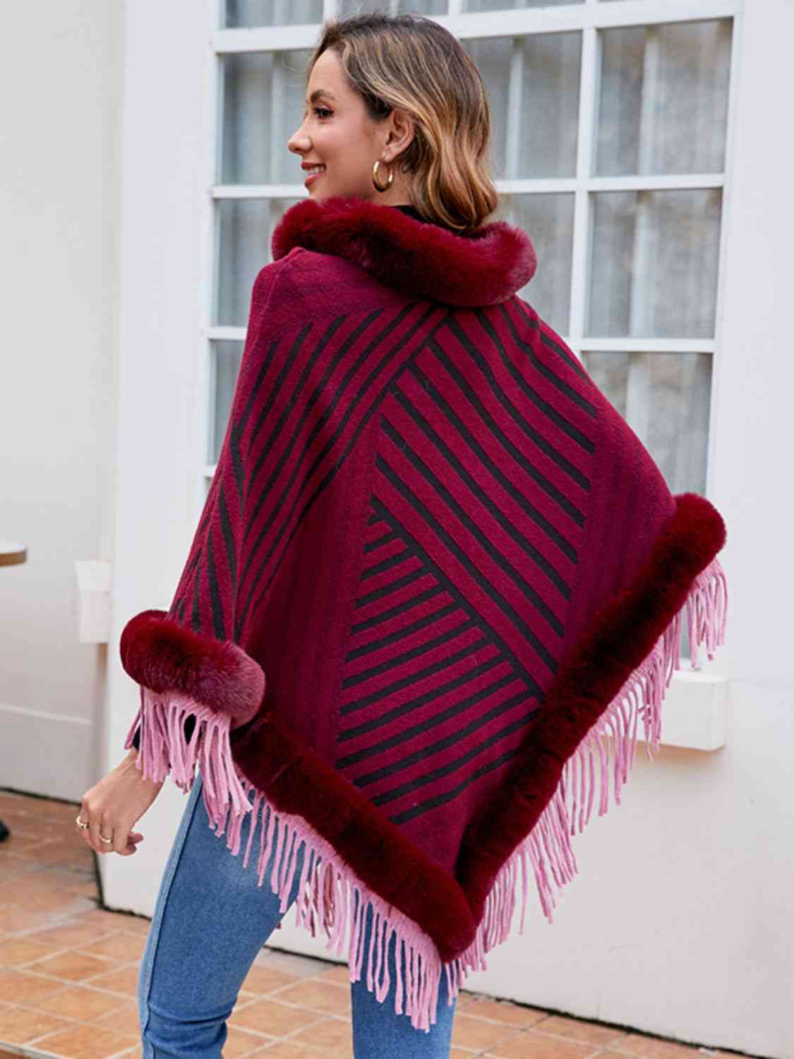 Striped Fringe Hem Poncho - T - 5 COLORS -