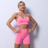 Thumbnail for Women's Solid Color Seamless Camisole Yoga Sports Bra + Shorts Two-Piece Set - 2 PC. SET - K - 6 COLORS -