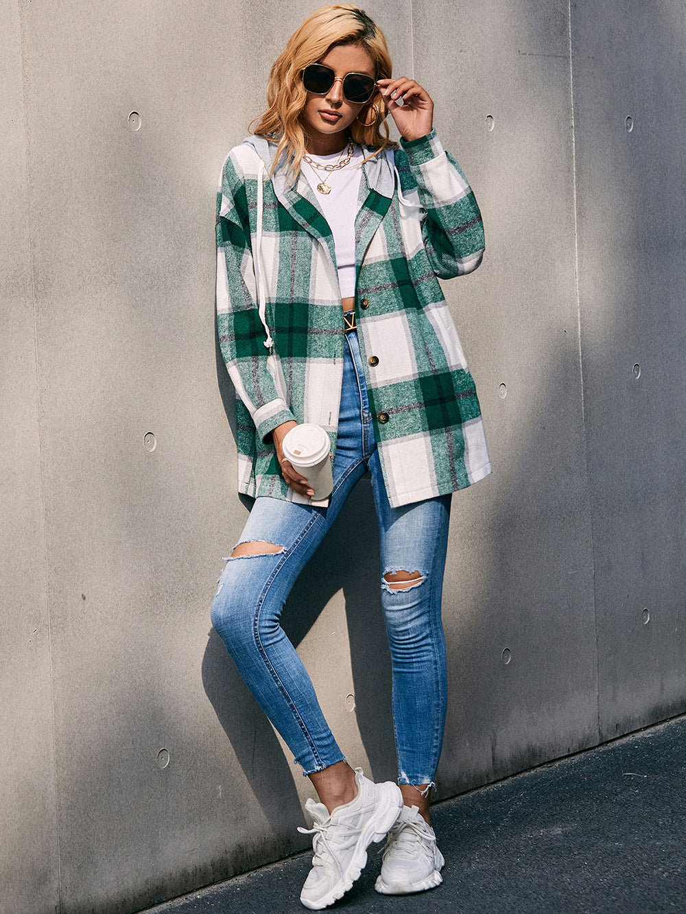 Plaid Dropped Shoulder Hooded Jacket - T - 4 COLORS -