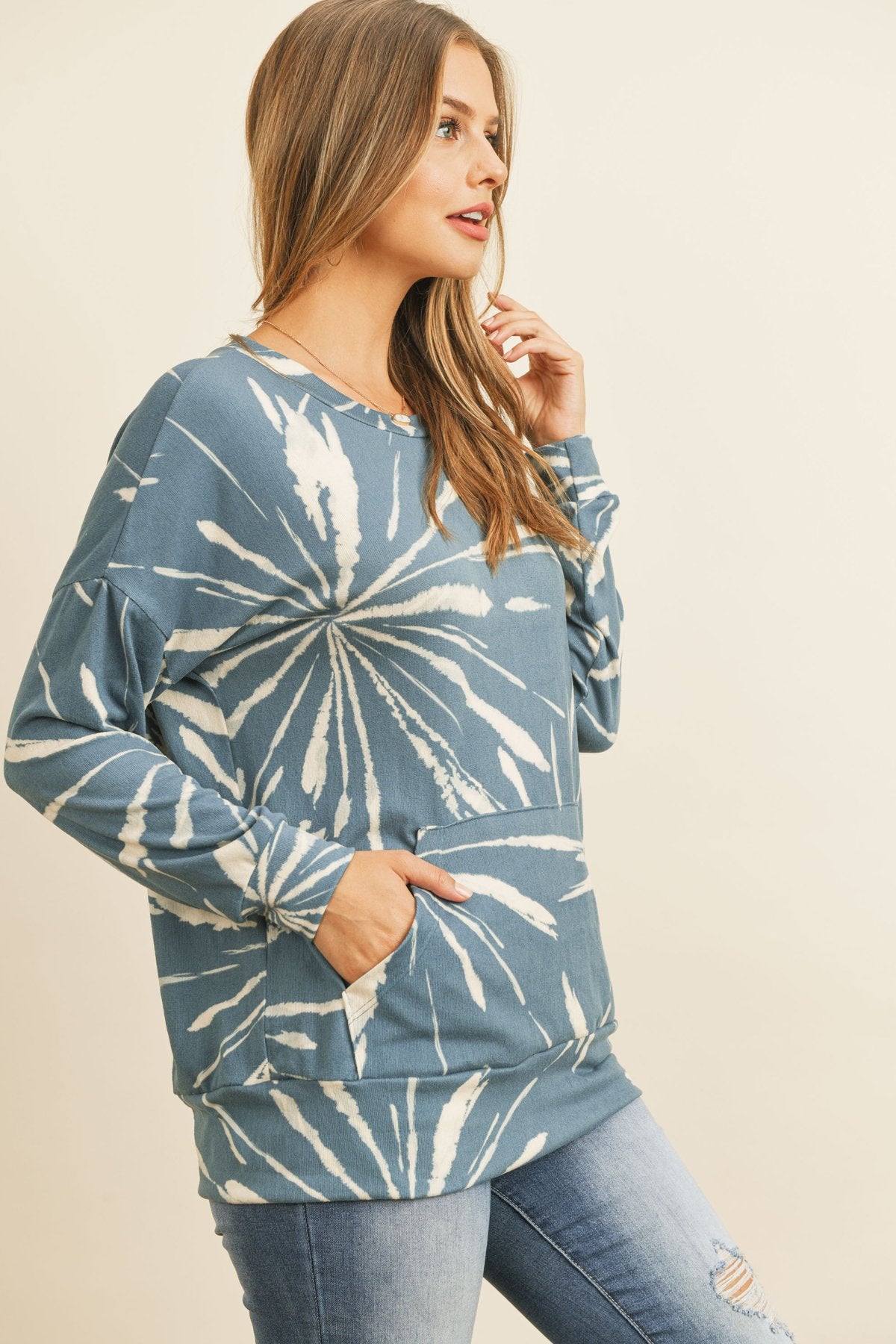 Kangaroo Pocket Tie Dye Long Sleeve Top - 4 COLORS -