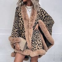 Thumbnail for Sharon Tatem - Thick Warm Poncho Faux Fur Collar Cape Coat - Vintage Faux Leopard Sweater Cardigan - Batwing Sleeve Shawl -