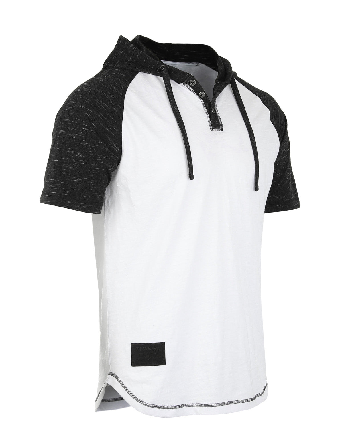 Men's Short Sleeve Raglan Henley Hoodie Round Bottom Semi Longline T-Shirt - 1 COLOR -