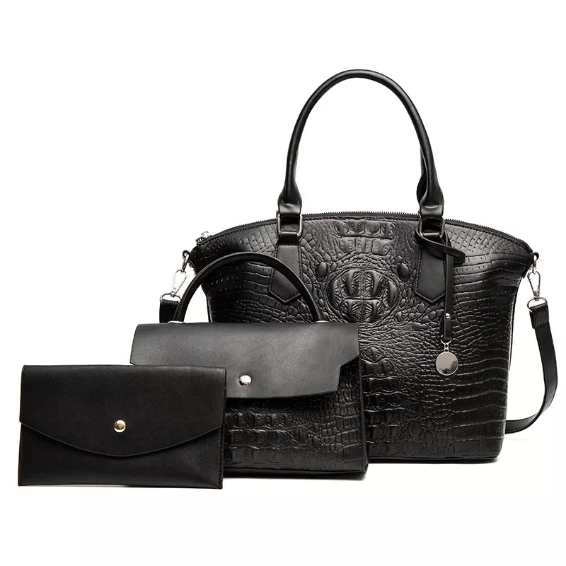 Savoy - Maverick Faux Crocodile Tote Bag Set ( 3-Pack) - BLACK - 1 COLOR -